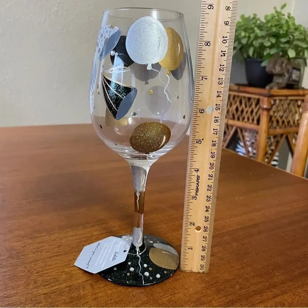 NIB Lolita “Celebration” Hand Painted Wine Glass Silver Black Gold